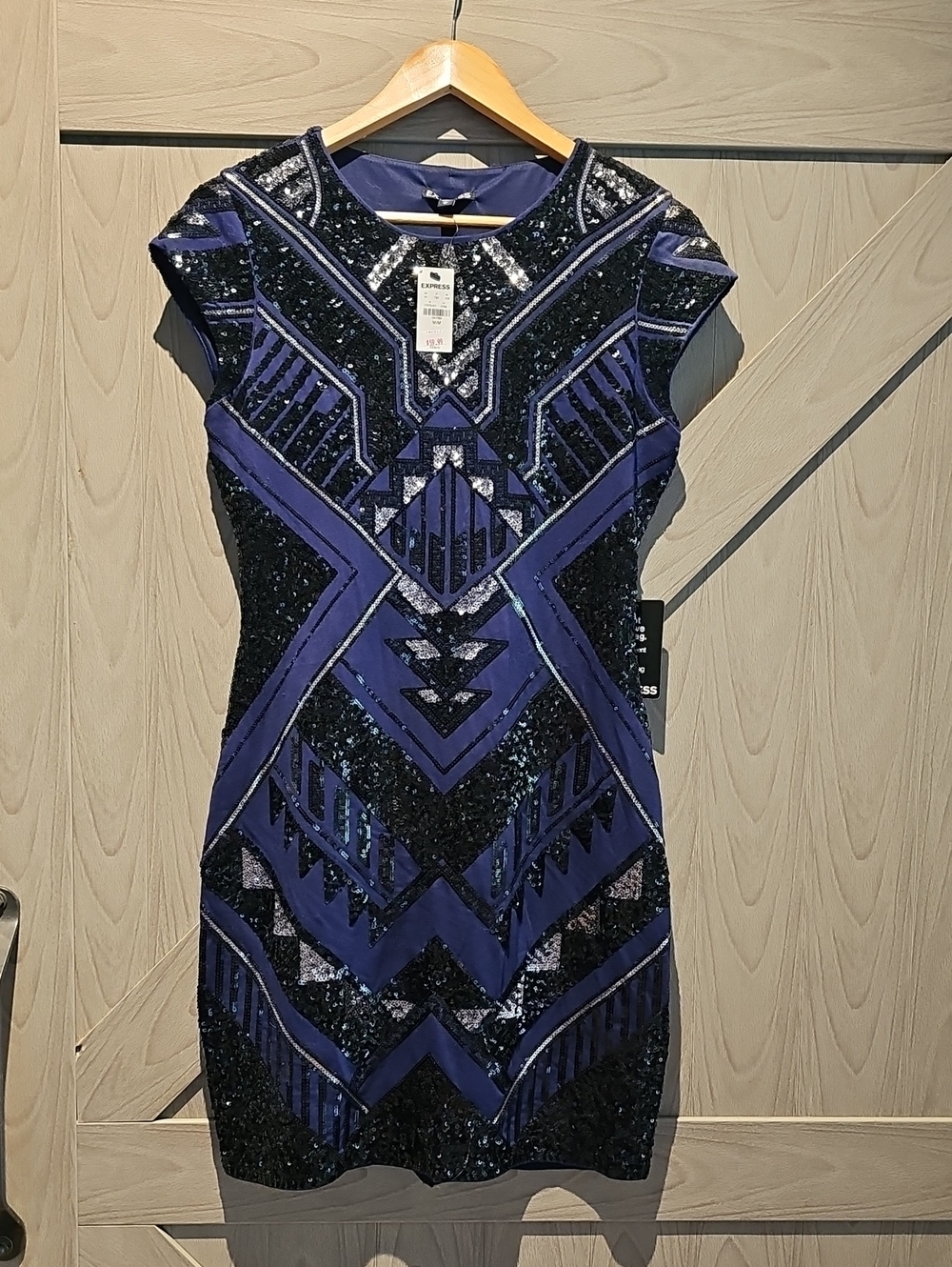 Express Navy Blue & Black Sequin Geometric Mini Dress